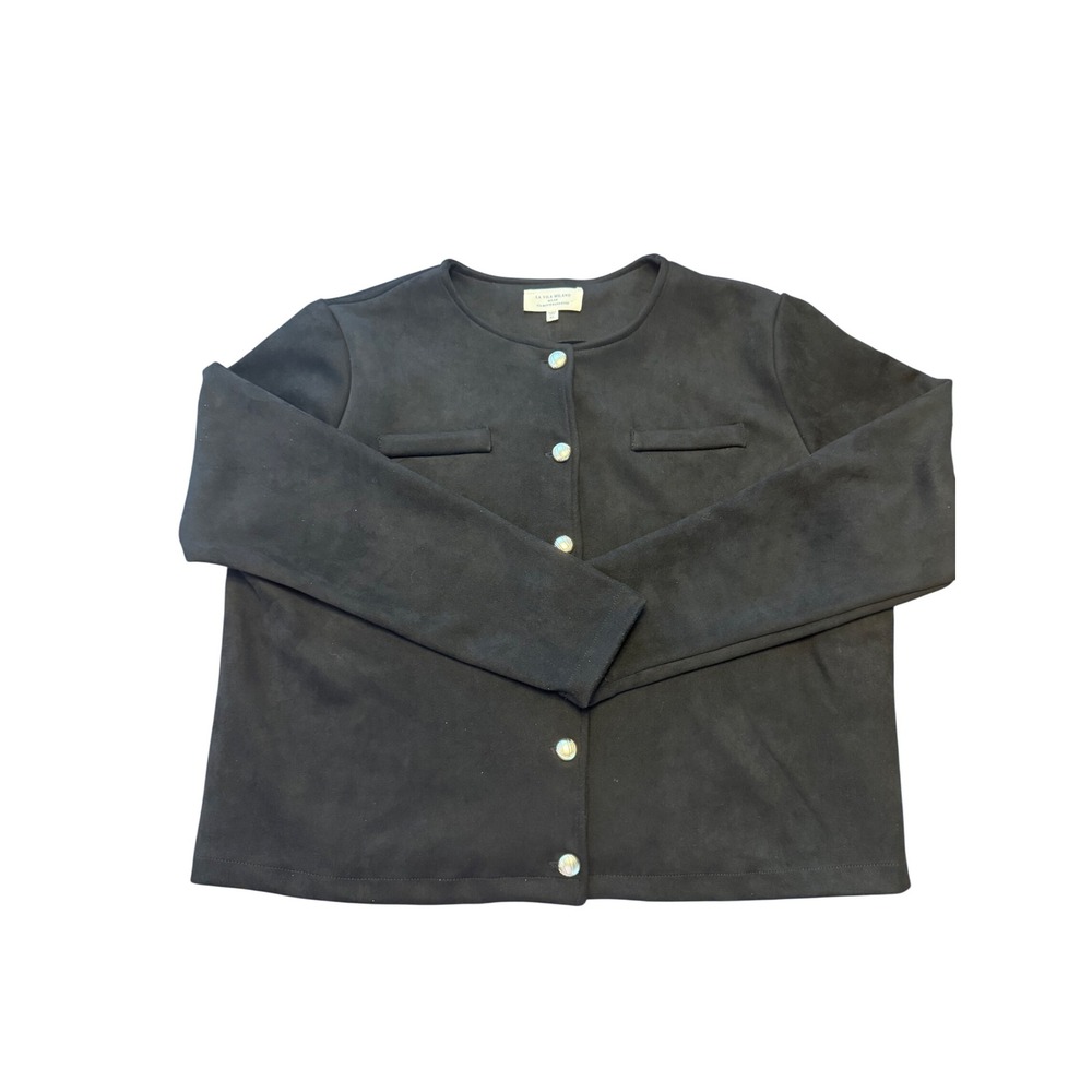 La Vila Milano Black Faux Suede Button Front Collarless Jacket XL Womens